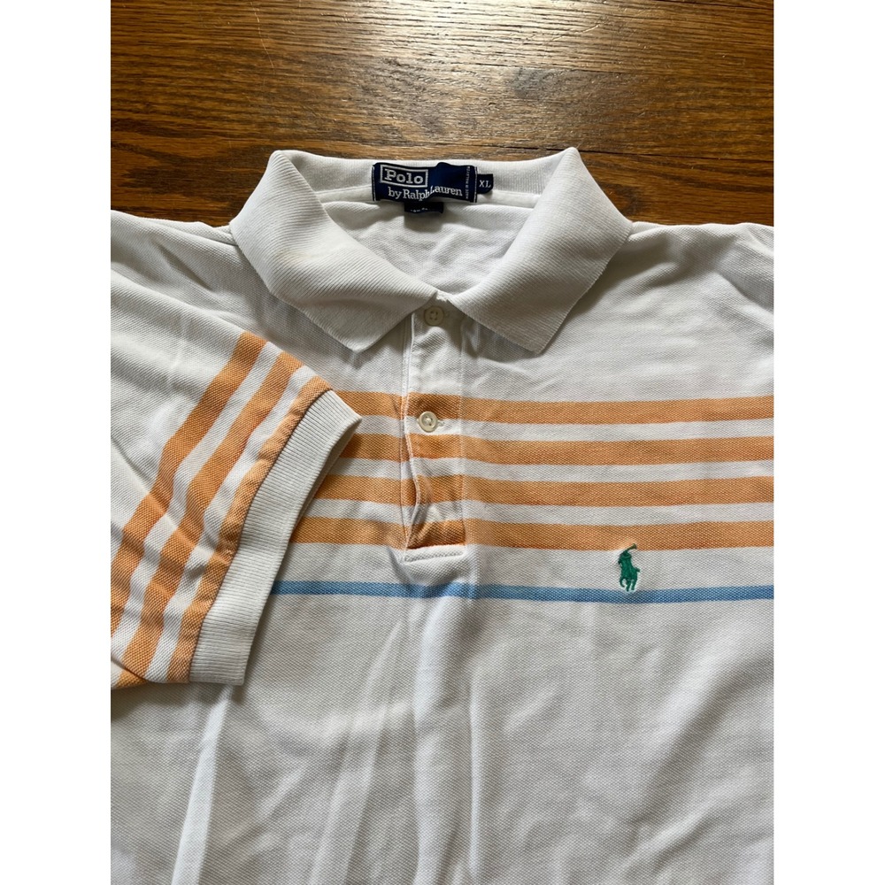Polo Ralph Lauren Mens XL White Orange Blue Striped Pique Cotton Polo Shirt